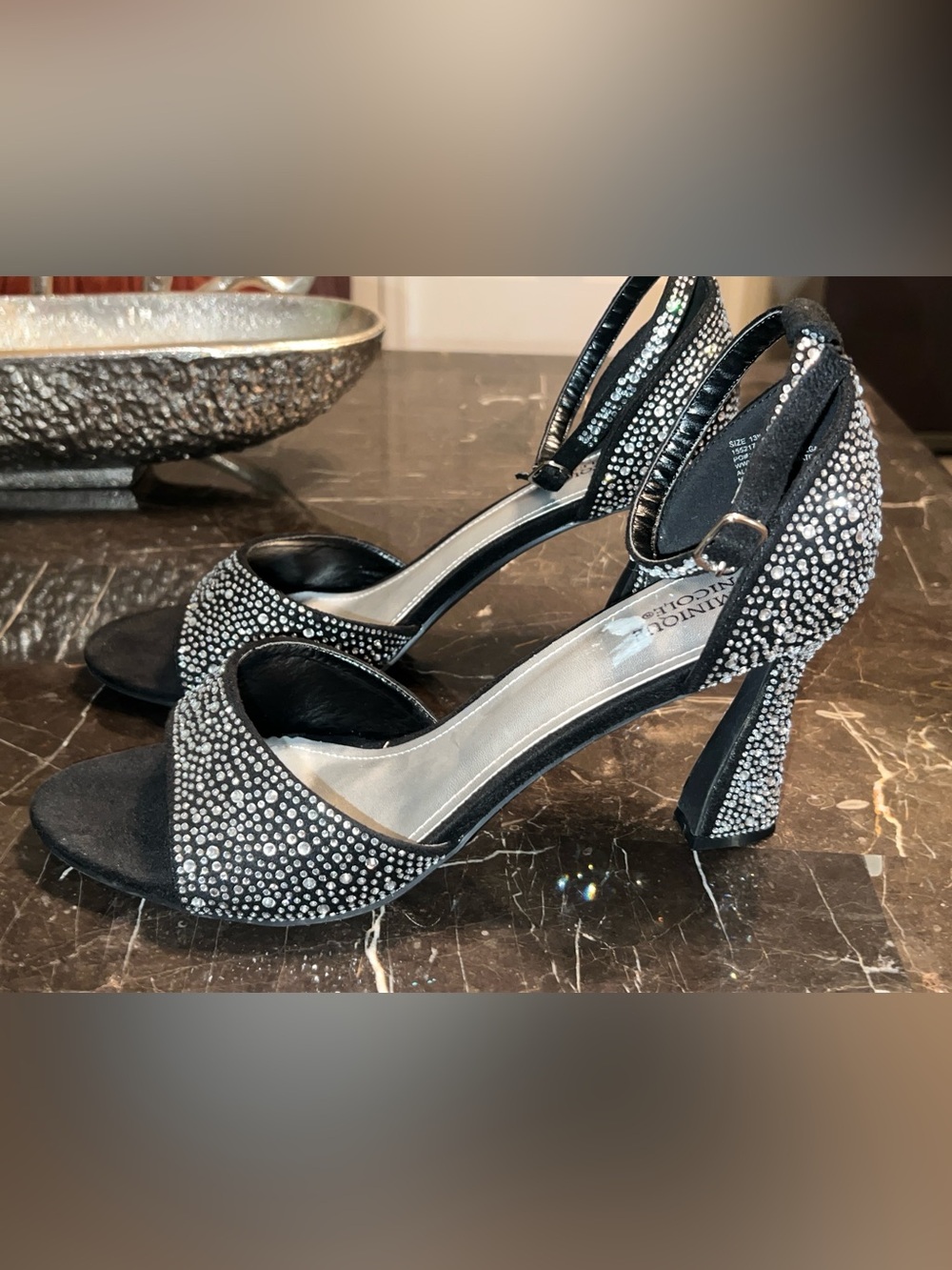 Dominique Black Rhinestone Slingback Heels